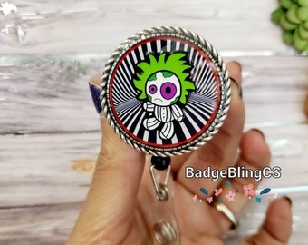 Voodoo doll Beetle juice badge reel ID holder clip strange and unusual Queen Psych Nurse emergency room tech ER ghost with the most doll