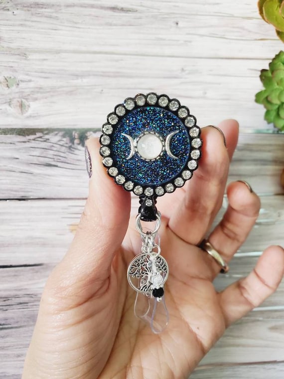Moonstone Badge Reel Holder Clip Luna Moon and Stars Witchy Good
