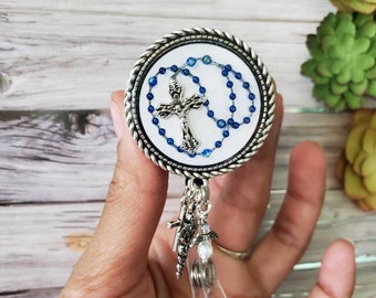 Rosary badge reel holder ID card clip holder Christian Catholic cross religious affirmation hope healing faith gift bling silver prayers