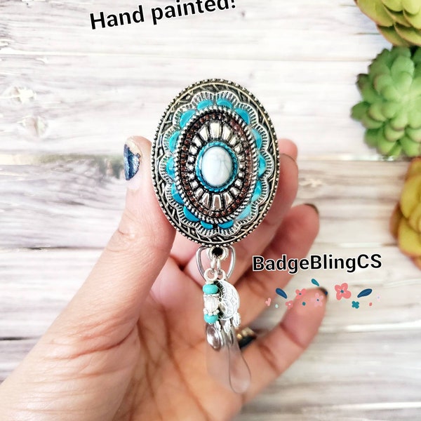 Cowgirl bolo badge reel holder clip Rodeo dreamcatcher country girl ID Name card jewelry turquoise stone Gypsy boho concho Southwestern