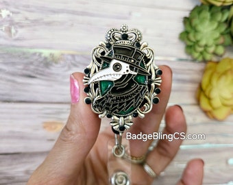 Plague doctor badge reel id holder clip BadgeBlingCS interchangeable clips jewelry 3D bling inspired gothic vintage uniform steampunk brooch