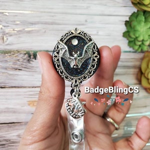 bat badge reel holder starry night sky vintage creepy moon and star night creature Retractable Bling Clip Halloween crazy bats vampire teeth