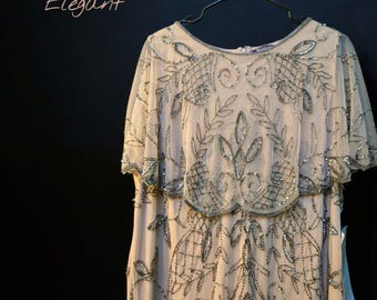 Vestido de gala estilo años 20 con cuentas doradas y pedrería, vestido de novia beige transparente de encaje para Nochevieja, cena elegante y fiesta de Navidad