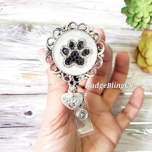 Dog paw badge reel holder clip Pet parent Veterinarian Gift Doggie bone charm Vet tech gifts Cat paw bling furry Best friend reel pet lover