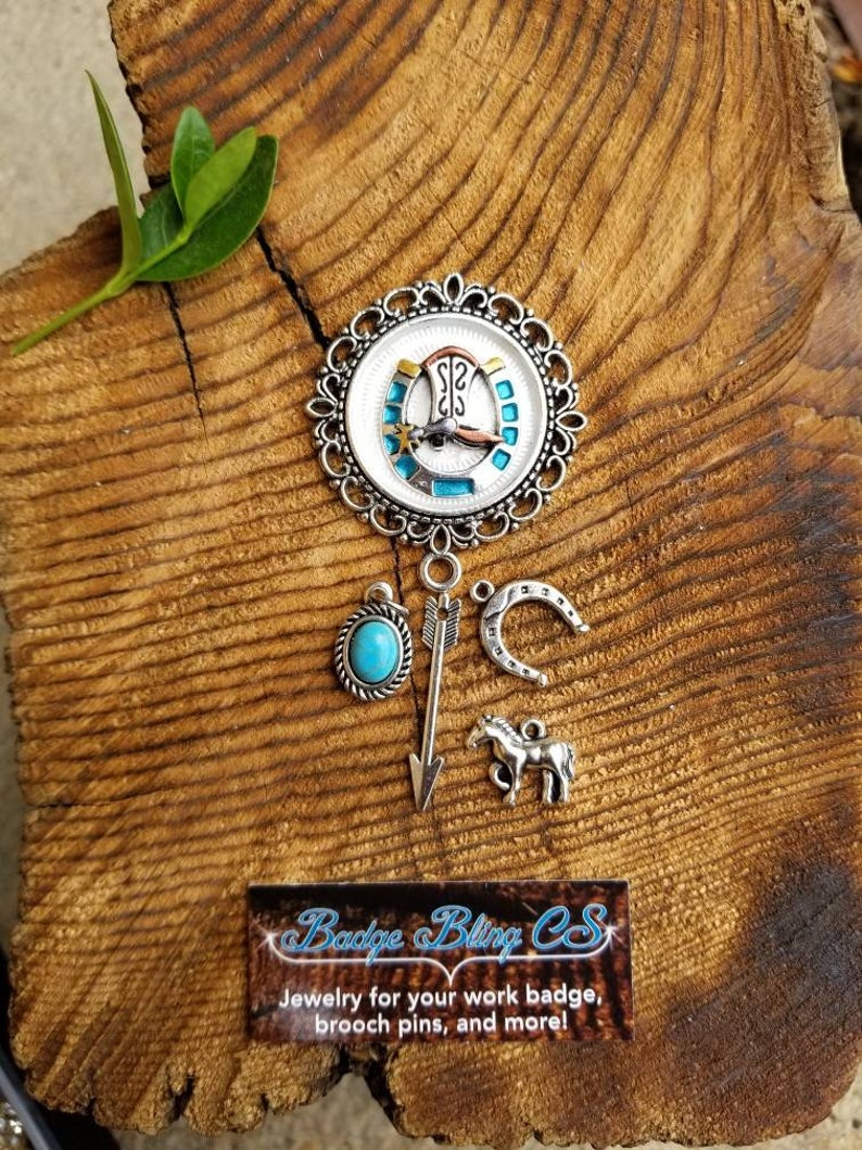 Cowgirl badge reel holder Rodeo Lucky Boots horseshoe country | Etsy