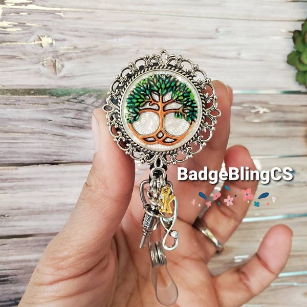 Tree of life badge reel holder clip country girl name card jewelry Arrow charm compass Gypsy traveler boho celtic ID Travel nurse tree roots