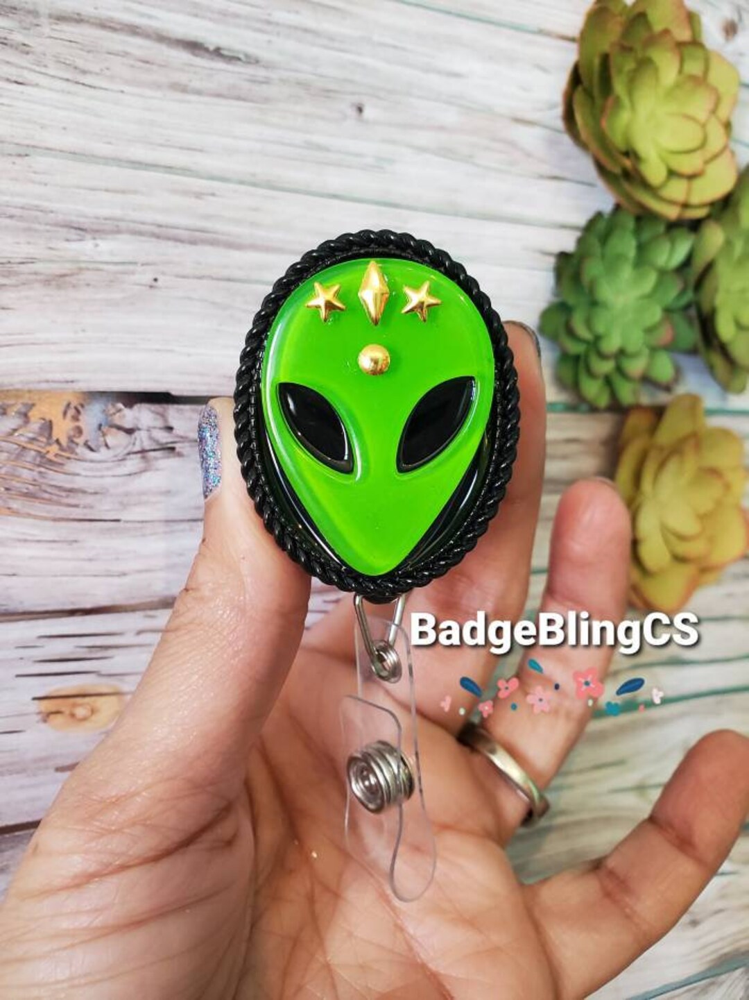 Green Alien Badge Reel Retractable Clip Quirky Galaxy Stars Geek