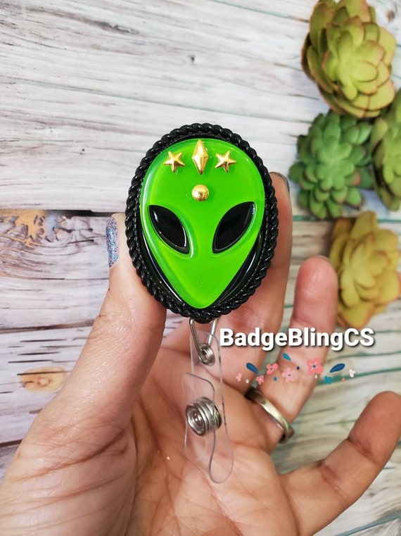 Green Alien Badge Reel Retractable Clip Quirky Galaxy Stars Geek UFO  Psychology Nurse Social Worker LCSW Holder Green Intergalactic Planet 