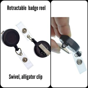 May include: Black retractable badge reel with a swivel alligator clip. The reel has a clear plastic strap with a button.
