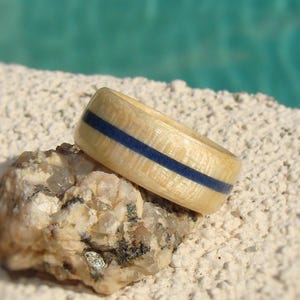 Curly Maple Bentwood Ring with Blue Lapis Inlay - Wood Wedding Band - Gift for Him or Her