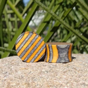 Onyx Black Orange Wood Ear Plugs - Onyx Black Orange Spectraply Ear Gauges - Double Flared