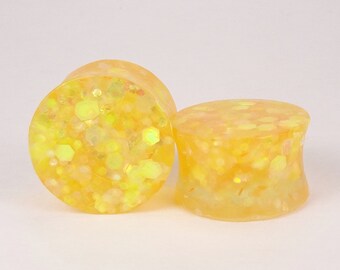 Orange Yellow Glitter Resin Ear Plugs or Tunnels or Teardrops - Orange Yellow Glitter Resin Ear Gauges Tunnels Teardrops