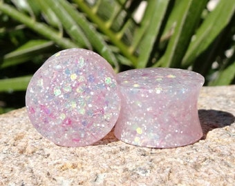 Light Pink Gold Holographic Glitter Resin Ear Plugs or Tunnels or Teardrops - Light Pink Gold Holographic Resin Ear Gauges Tunnels Teardrops