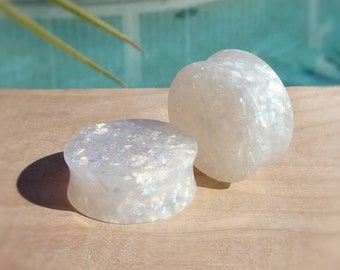 White Holographic Glitter and Resin Ear Plugs - Ear Gauges - Gift for Him or Her