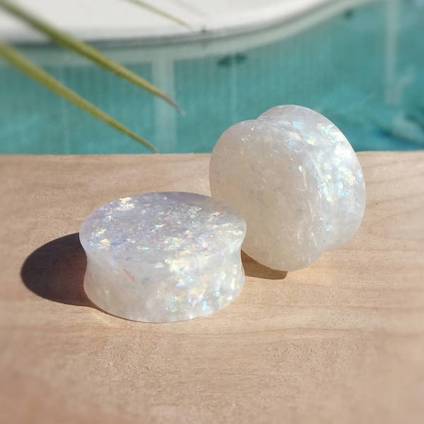 White Holographic Glitter and Resin Ear Plugs - Ear Gauges - Gift for Him or Her