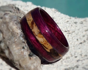 Wine Dyed Birch Bentwood Wood Ring With Cork Inlay