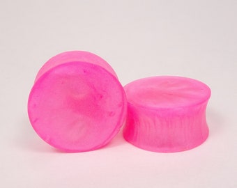 Neon Pink Pearl Ear Plugs or Tunnels or Teardrops - Neon Pink Pearl Resin Ear Gauges - Fluorescent Pink Pearl - Double Flared