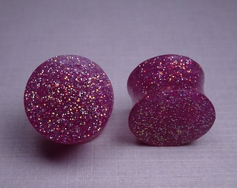Pink Sapphire Glitter Resin Ear Plugs or Tunnels or Teardrops - Pink Sapphire Glitter Resin Ear Gauges Tunnels Teardrops