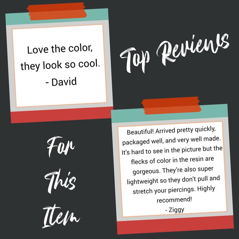 May include: Image features customer reviews on a product. The text includes positive feedback about the item's color, appearance, and quality. The reviews are presented on a dark gray background with decorative elements.