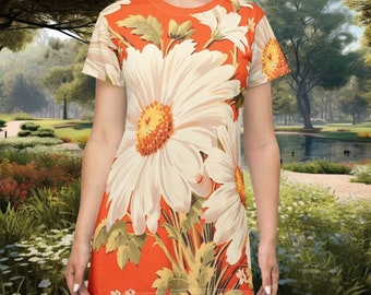 Chic Orange Daisy Print T-Shirt Dress - Inspired by 60s & 70s Fashion