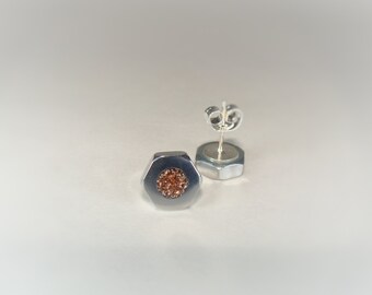 Copper Metallic Hex Nut Stud Earrings - Acrylic Inlay - Unique - Industrial - Steampunk