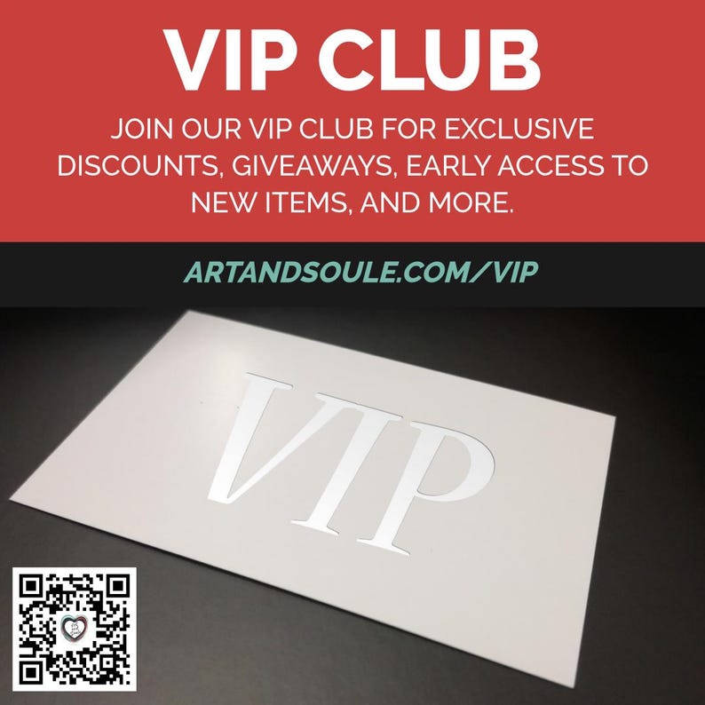 May include: A white card with the word "VIP" printed in silver lettering. The card is on a black surface. The text "ARTANDSOULE.COM/VIP" is printed below the card.