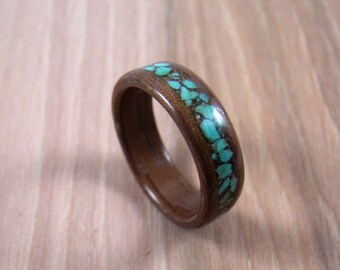 Walnut Bentwood Ring with Turquoise Stone Inlay - Alternative Wood Wedding Band - Gift for Him or Her