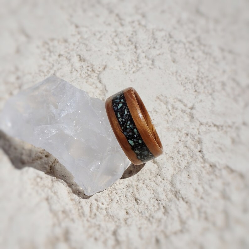 Curly Koa Bentwood Ring Curly Koa Wood Ring Turquoise Inlay Ring Curly Koa Bentwood Ring with Turquoise Stone and Black Resin Inlay