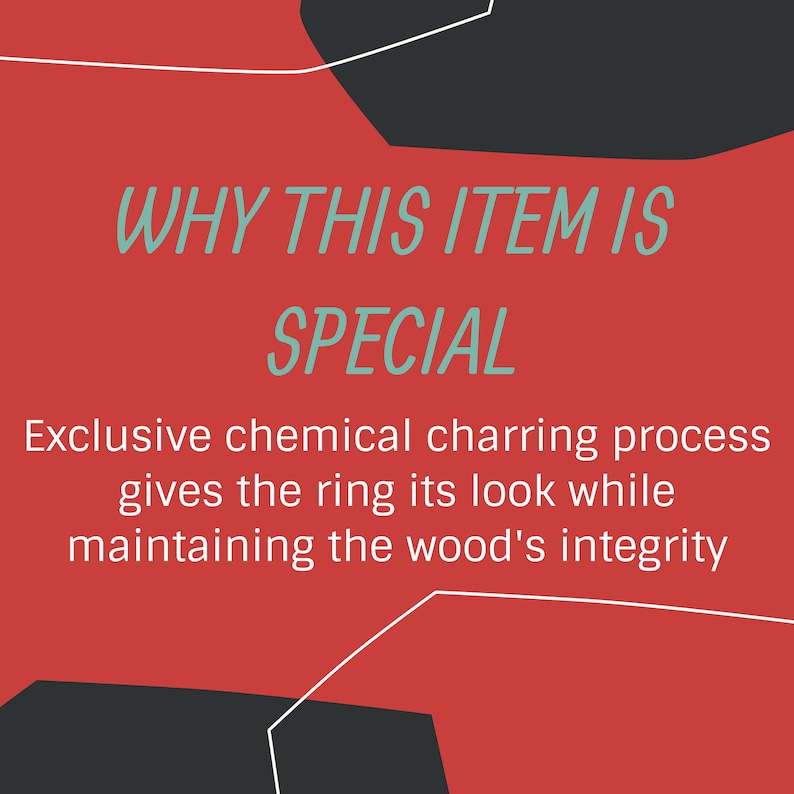 Op de afbeelding: Een rode achtergrond met zwarte en witte geometrische vormen. De tekst "WHY THIS ITEM IS SPECIAL" is in turquoise blauw. De tekst "Exclusive chemical charring process gives the ring its look while maintaining the wood's integrity" is in zwart.