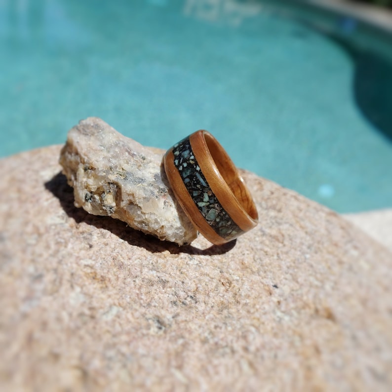 Curly Koa Bentwood Ring Curly Koa Wood Ring Turquoise Inlay Ring Curly Koa Bentwood Ring with Turquoise Stone and Black Resin Inlay