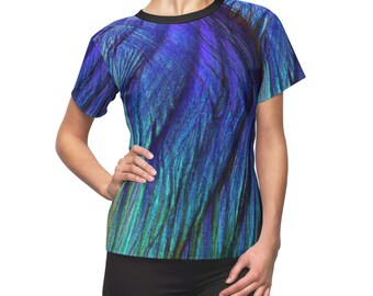 Women's Feather Print Tee - Blue, Green - Nature Inspired Top - Vibrant, Colorful Shirt - Bird Feather Inspired T-Shirt