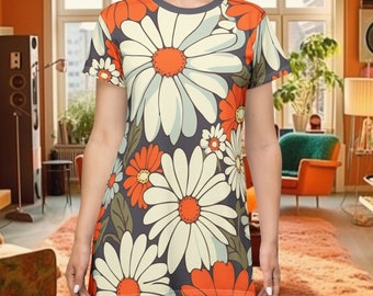 Stunning T-Shirt Dress with Orange and White Daisies - 60s & 70s Inspired Fashion