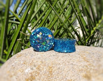 Blue Holographic Glitter Resin Ear Plugs or Tunnels or Teardrops - Blue Holographic Glitter Resin Ear Gauges Tunnels Teardrops