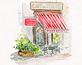 Paris Cafe Watercolor Art Print: French Bistro with Red Canopy