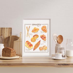 Bakery Watercolor Print, Kitchen Wall Art, French Pastry Painting, Croissant Baguette Art, Foodie Print, Breakfast Cafe Decor