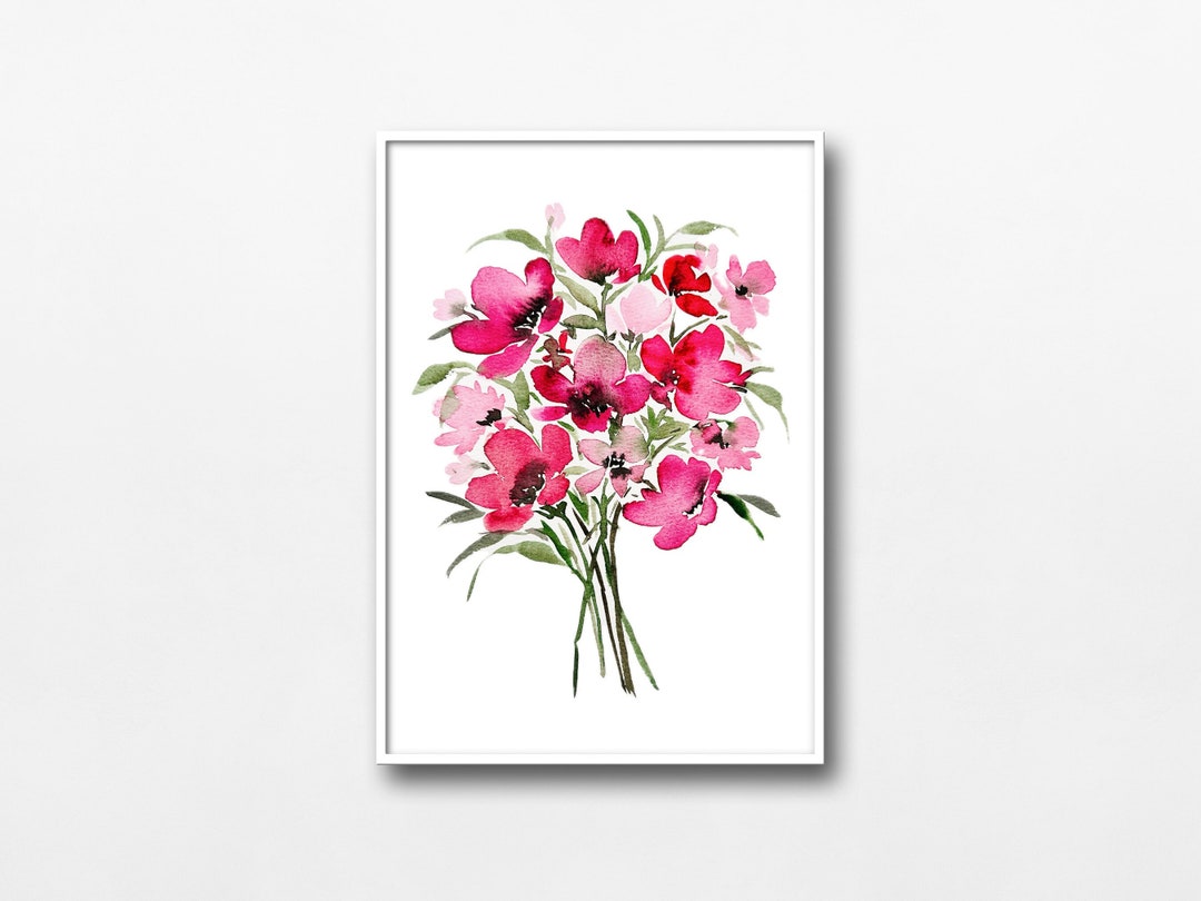 Pink Flower Bouquet Wall Art Print Watercolor Floral Illustration Print ...