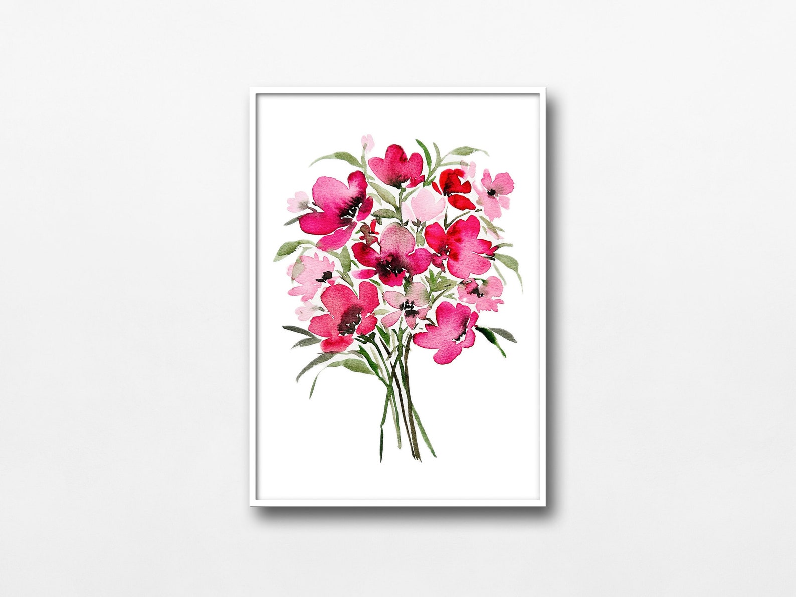 Pink Flower Bouquet Wall Art Print Watercolor Floral Illustration Print ...