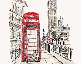 London Cityscape Art Print – Big Ben, Telephone Booth & Corgi