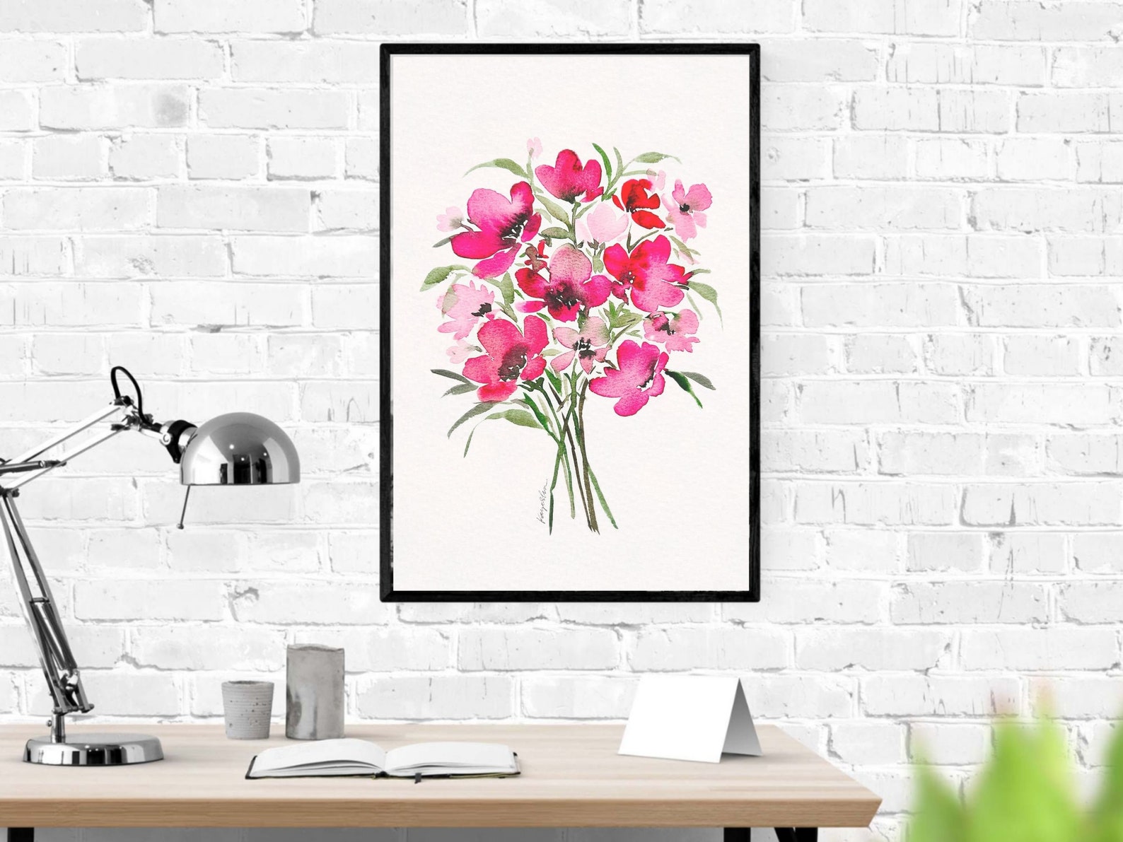 Pink Flower Bouquet Wall Art Print Watercolor Floral Illustration Print ...