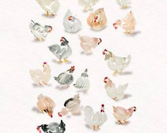 May include: Watercolor painting of various chickens in shades of white, gray, and brown, each with a red comb. The chickens are arranged on a white background, creating a whimsical and artistic composition. The artwork is signed in the bottom right corner.