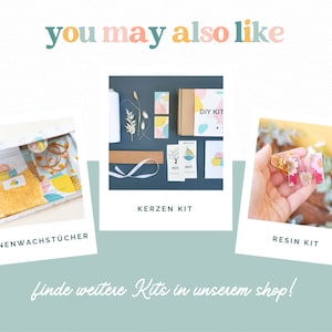 May include: An image with three product kit options: a beeswax kit, a candle kit, and a resin kit. The text "you may also like" is at the top, and "find more kits in our shop!" is at the bottom. Each kit is displayed in a polaroid-style frame.