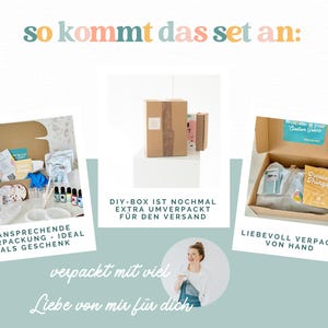 May include: Image showing three boxes with DIY craft kits. One box is open, revealing craft supplies. Text includes "so kommt das set an:" and "DIY-BOX IST NOCHMAL EXTRA UMVERPACKT F&Uuml;R DEN VERSAND."