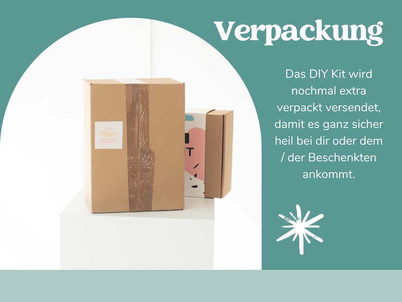 May include: Two brown cardboard boxes, one large and one small, are displayed on a white surface. The larger box has brown tape and a small label. Text in German reads "Verpackung" and describes the packaging of a DIY kit.