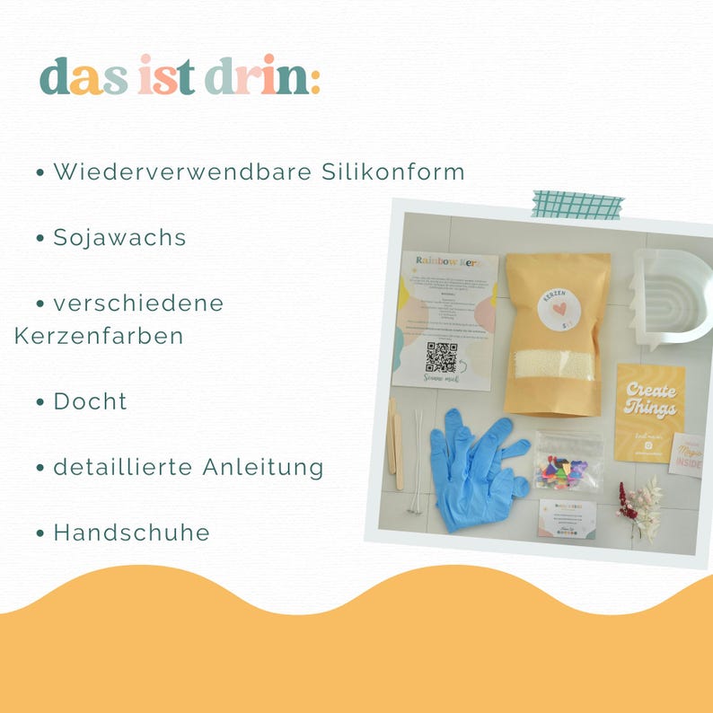 May include: A candle making kit containing a reusable silicone mold, soy wax in a tan pouch, various candle dyes, wicks, detailed instructions, blue gloves, wooden stirrers, dried flowers, and cards. The text das ist drin is visible.