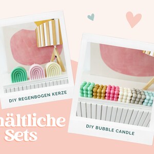 Peut inclure: Deux cadres style polaro&iuml;d pr&eacute;sentant des ensembles de bougies. Le cadre de gauche montre trois bougies en forme d'arche en vert, rose et cr&egrave;me avec le texte DIY REGENBOGEN KERZE. Le cadre de droite montre une rang&eacute;e de bougies bulles color&eacute;es.