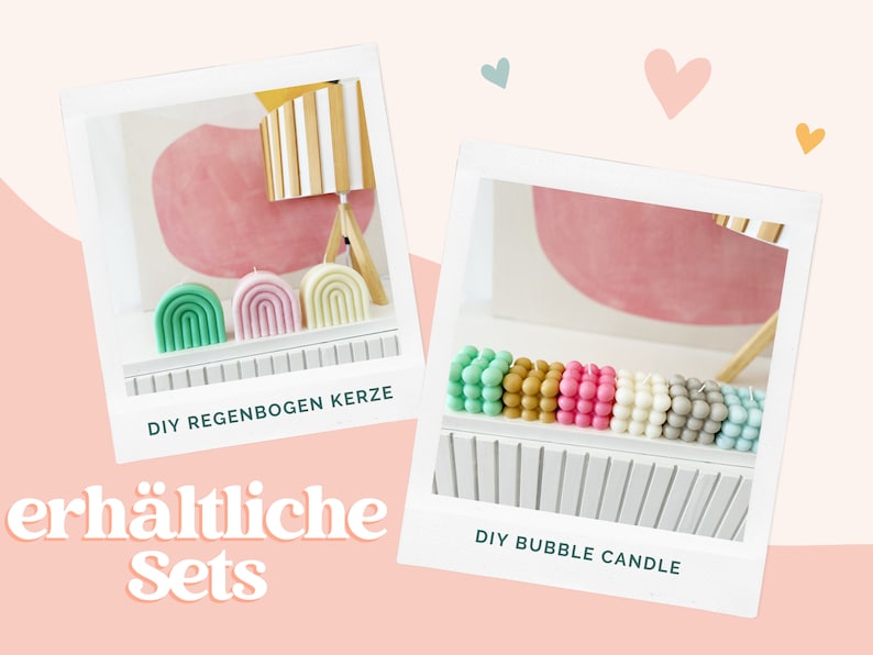 Peut inclure: Deux cadres style polaro&iuml;d pr&eacute;sentant des ensembles de bougies. Le cadre de gauche montre trois bougies en forme d'arche en vert, rose et cr&egrave;me avec le texte DIY REGENBOGEN KERZE. Le cadre de droite montre une rang&eacute;e de bougies bulles color&eacute;es.