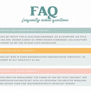 May include: An informational graphic with the heading FAQ frequently asked questions in teal. It contains three sections with colored headers in teal, yellow, and pink, each followed by German text answering questions about a craft kit set.