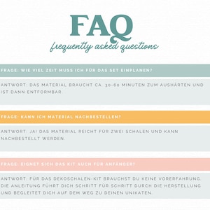 Puede incluir: Un gr&aacute;fico informativo titulado FAQ frequently asked questions con tres secciones en alem&aacute;n. Cada secci&oacute;n presenta una pregunta sobre una barra de color y una respuesta sobre una barra gris claro, sobre tiempos de curado y pedidos.