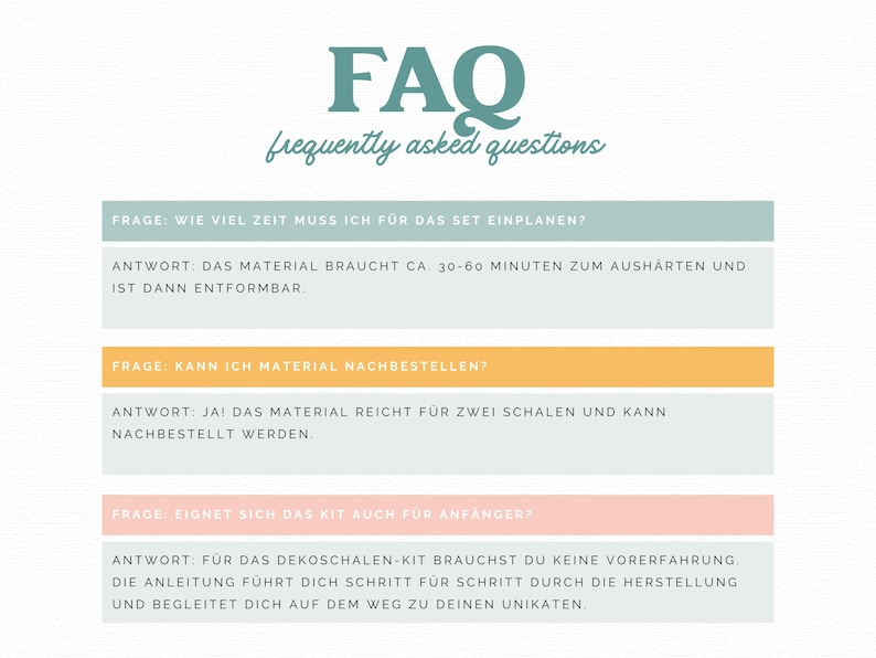 Puede incluir: Un gr&aacute;fico informativo titulado FAQ frequently asked questions con tres secciones en alem&aacute;n. Cada secci&oacute;n presenta una pregunta sobre una barra de color y una respuesta sobre una barra gris claro, sobre tiempos de curado y pedidos.