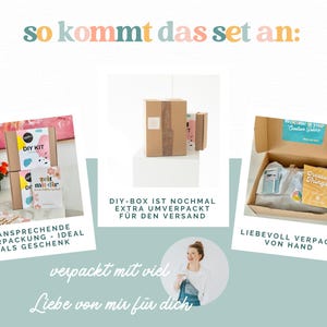 Puede incluir: Un collage que muestra un kit de manualidades en una caja de cart&oacute;n con etiquetas coloridas, una caja de env&iacute;o y una caja abierta con materiales, papel de seda y una tarjeta que dice Create Things. El texto incluye so kommt das set an y verpackt mit viel Liebe.